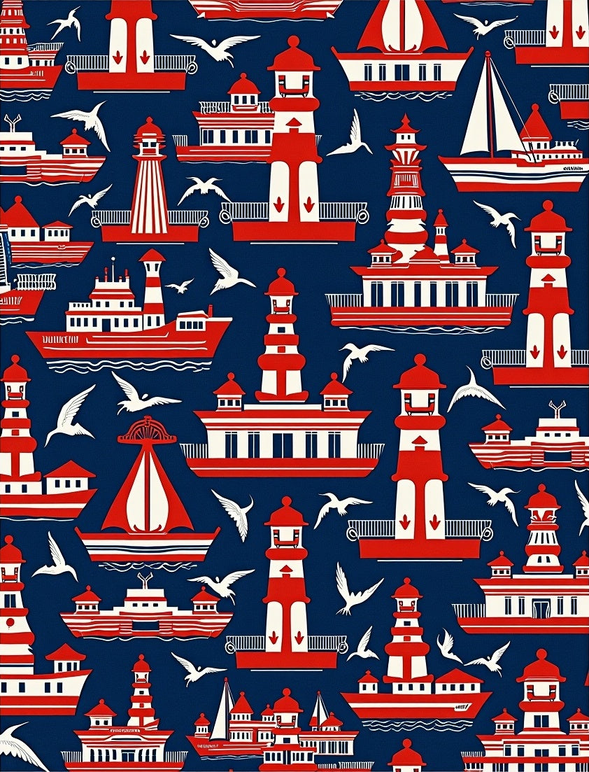 Nautical Red White Ships Seabirds Rug