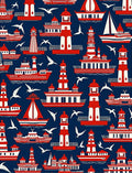 Nautical Red White Ships Seabirds Rug