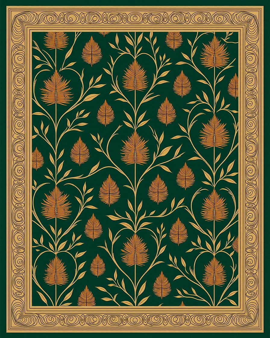 Emerald Green Gold Floral Vine Rug