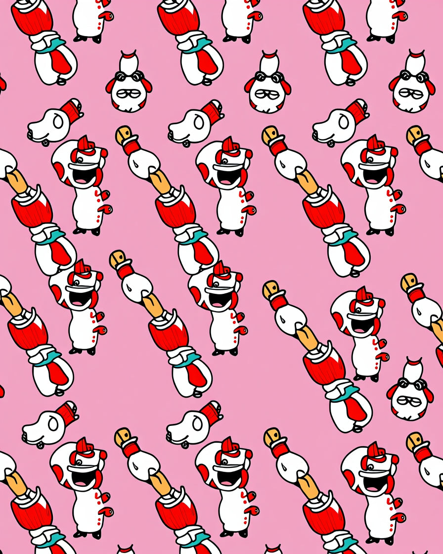 Playful White Red Cartoon Character Arrangement Rug
