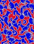 Bold Blue Abstract Figures Red Background Rug