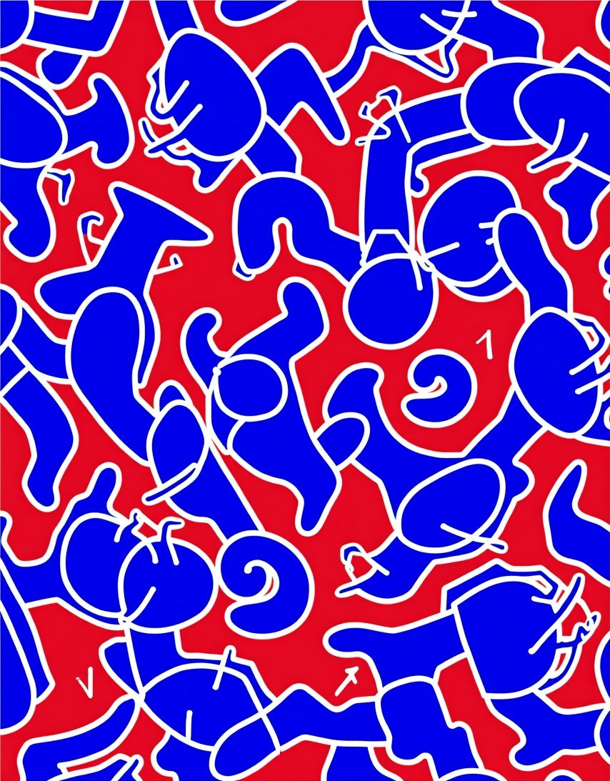Bold Blue Abstract Figures Red Background Rug