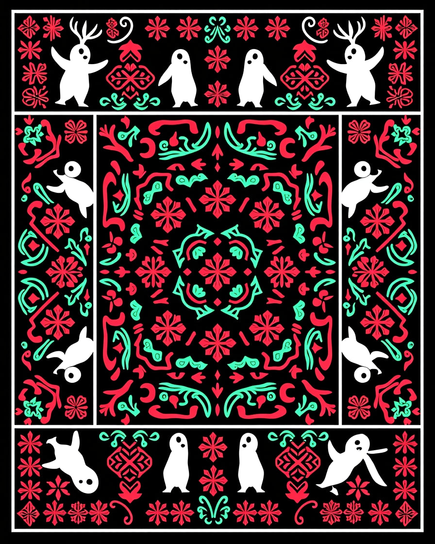Whimsical White Creatures Red Teal Medallion Rug