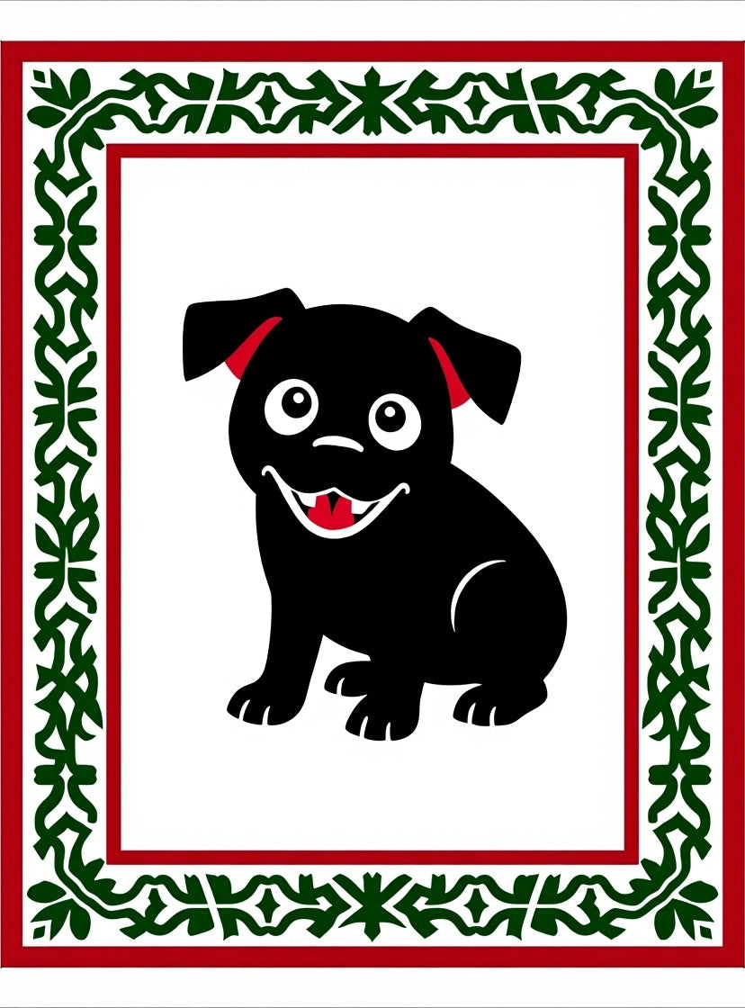 Happy Black Pug Red Green Border Rug