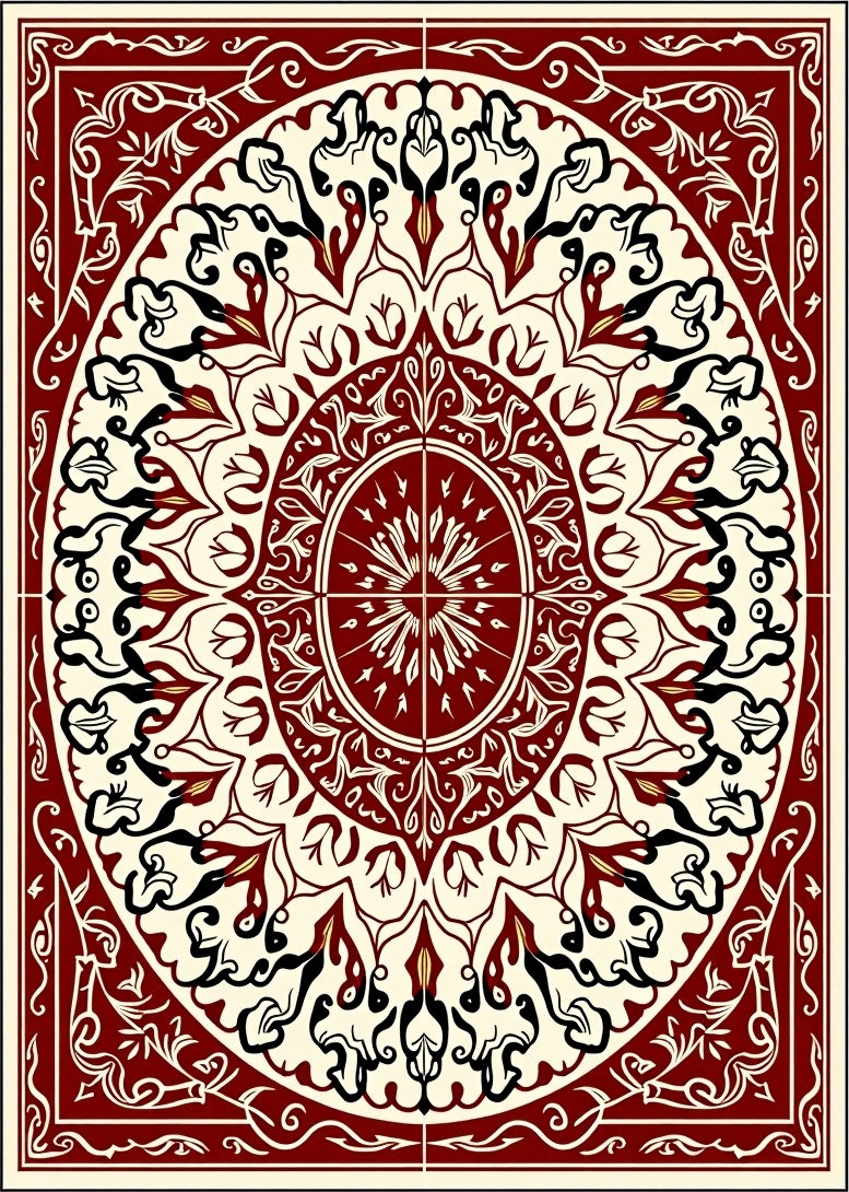 Crimson Cream Intricate Oval Mandala Rug