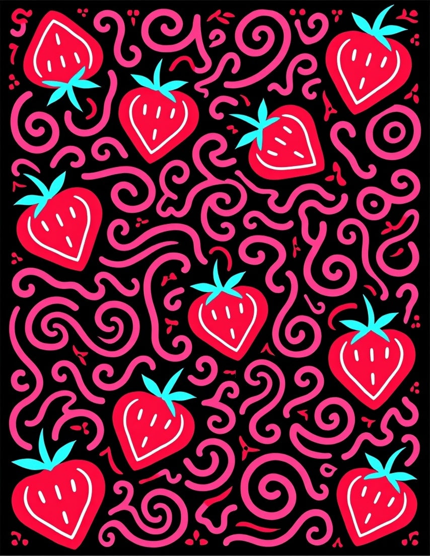 Red Strawberry Swirls Black Background Rug