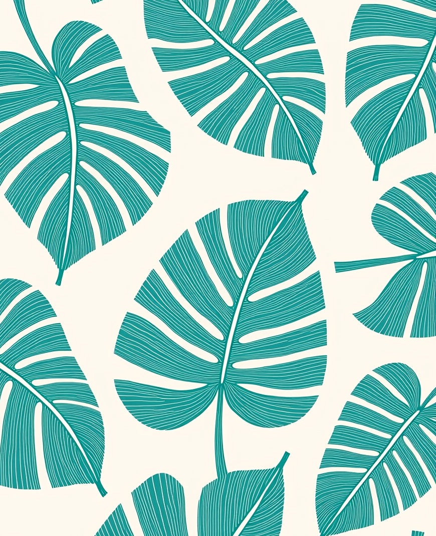 Teal Monstera Leaf Textured Ivory Rug