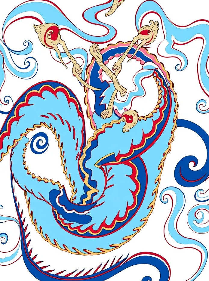 Sky Blue Red Golden Dragon Swirl Rug