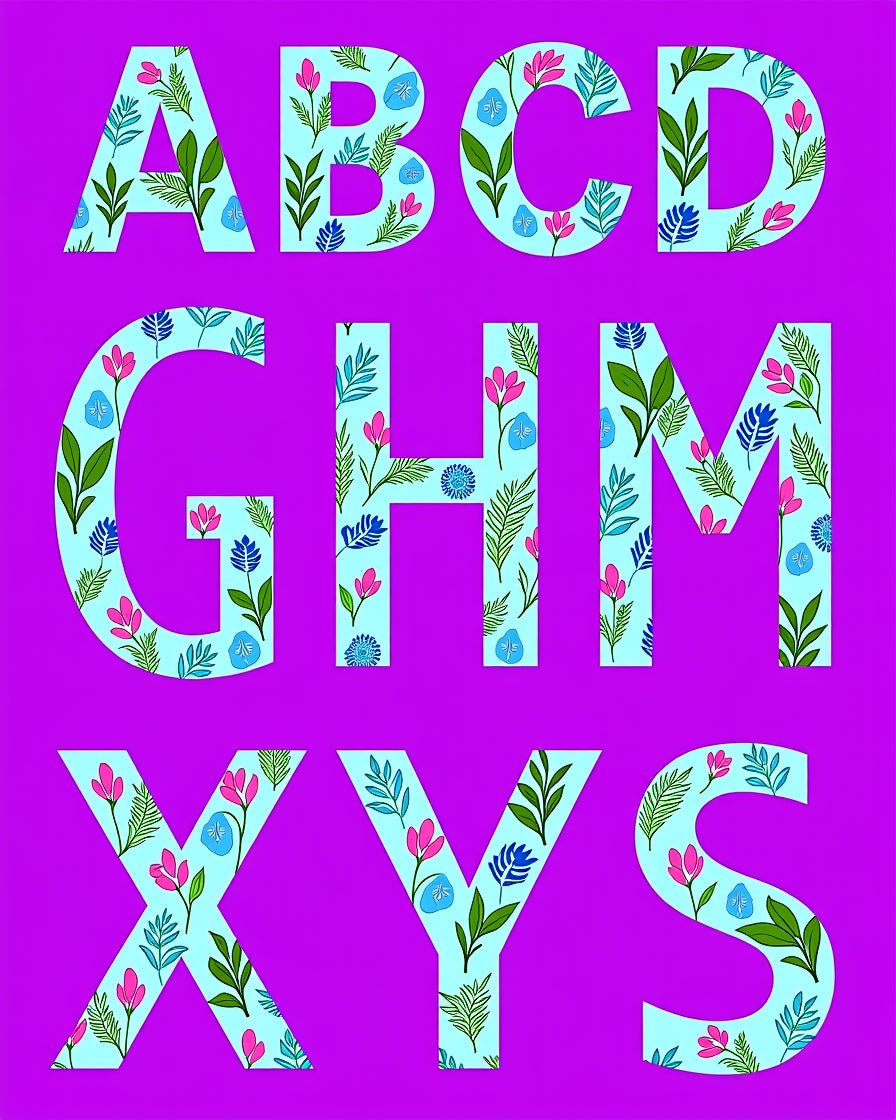 Light Blue Floral Alphabet Carpet Art Rug