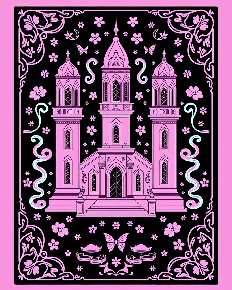 Pink Castle Floral Butterfly Whimsical Rug