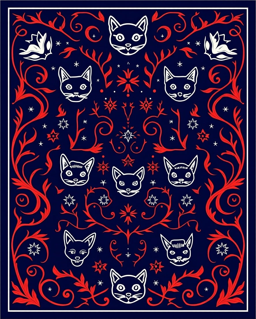 Navy Red White Cat Collage Rug