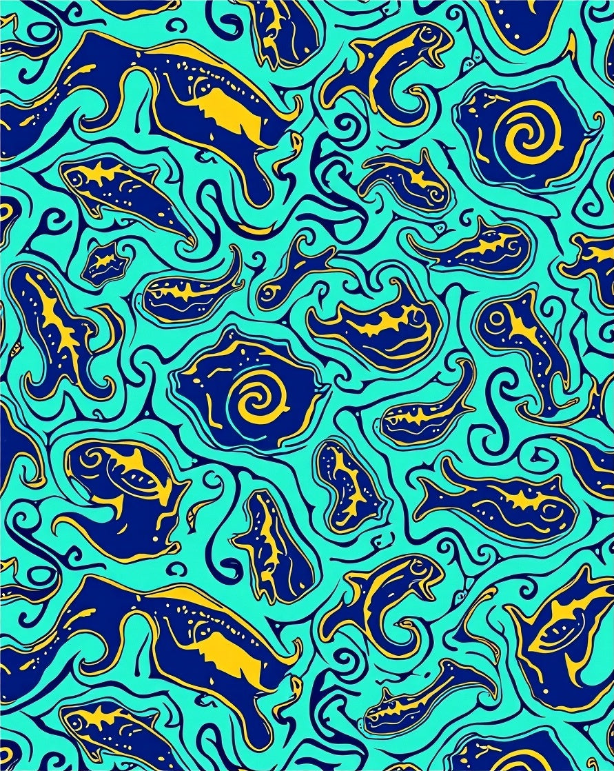Surreal Teal Blue Yellow Fish Swirl Rug