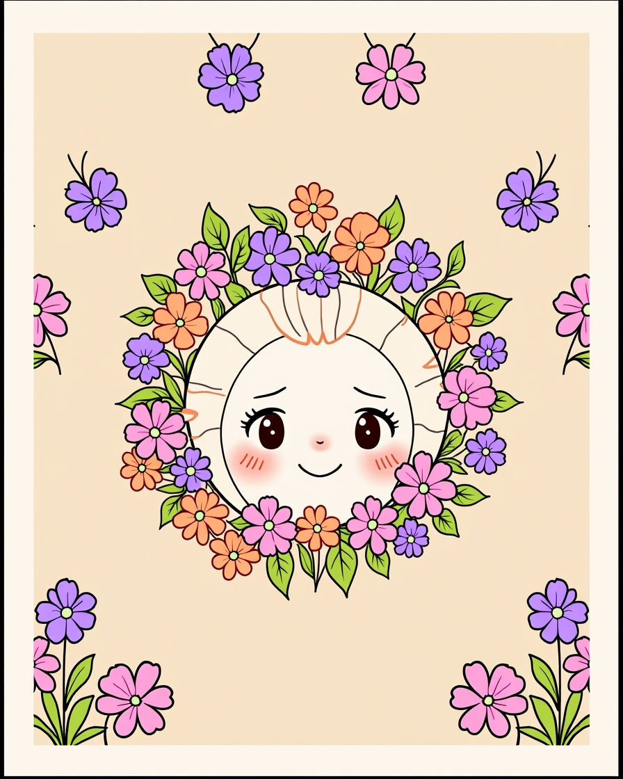 Sunny Face Floral Garland Round Rug