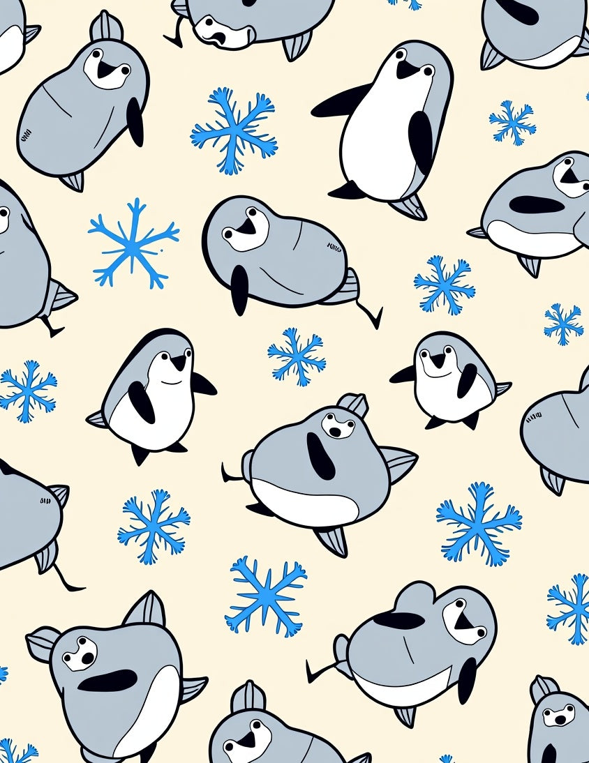 Cute Gray Penguins Blue Snowflakes Rug