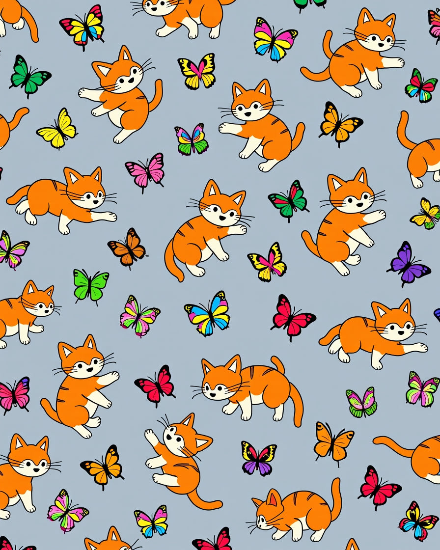 Playful Orange Cats Butterflies Gray Rug