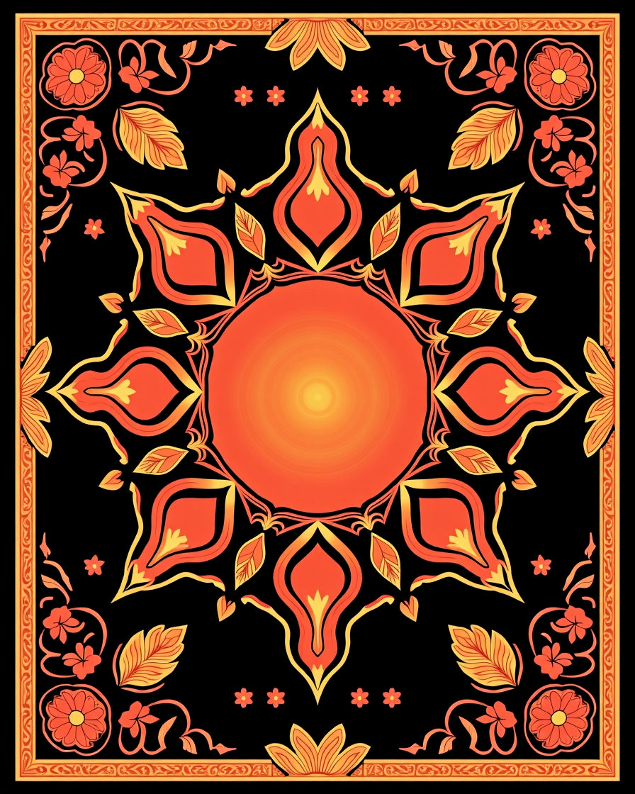 Fiery Orange Yellow Central Sun Medallion Rug