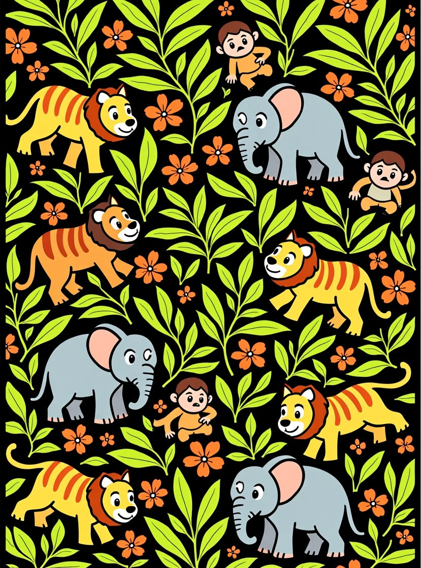 Jungle Animals Green Leaf Orange Flower Rug