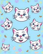 Whimsical White Cat Faces Blue Background Rug