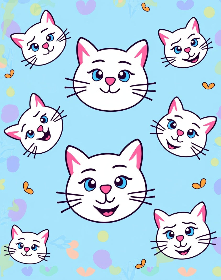 Whimsical White Cat Faces Blue Background Rug