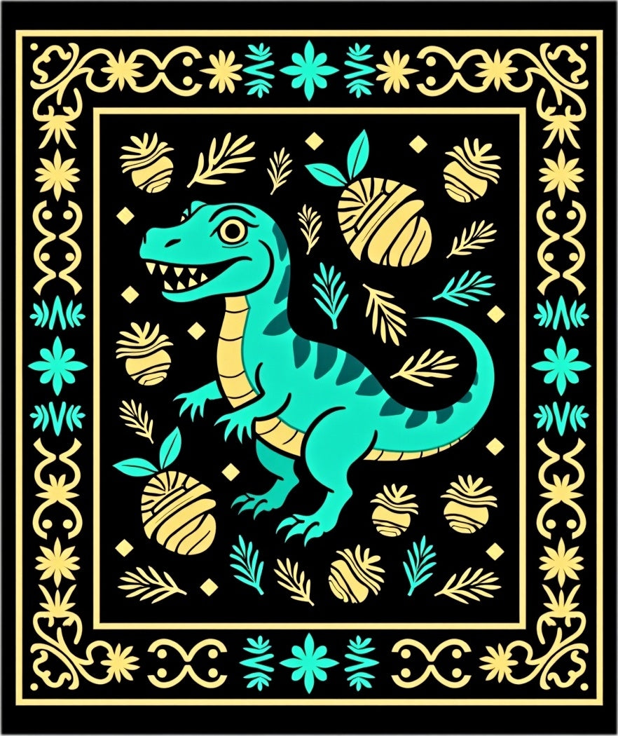 Turquoise Dinosaur Yellow Pineapple Border Rug