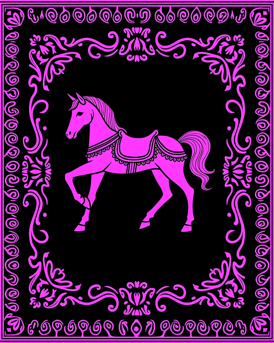Pink Horse In Floral Ornamental Frame Rug