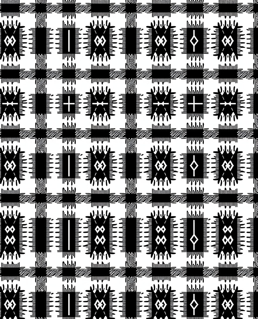 Black and White Plaid Ethnic Medallion Rug