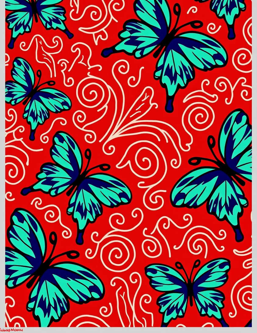 Teal Blue Butterfly Red Swirl Accent Rug