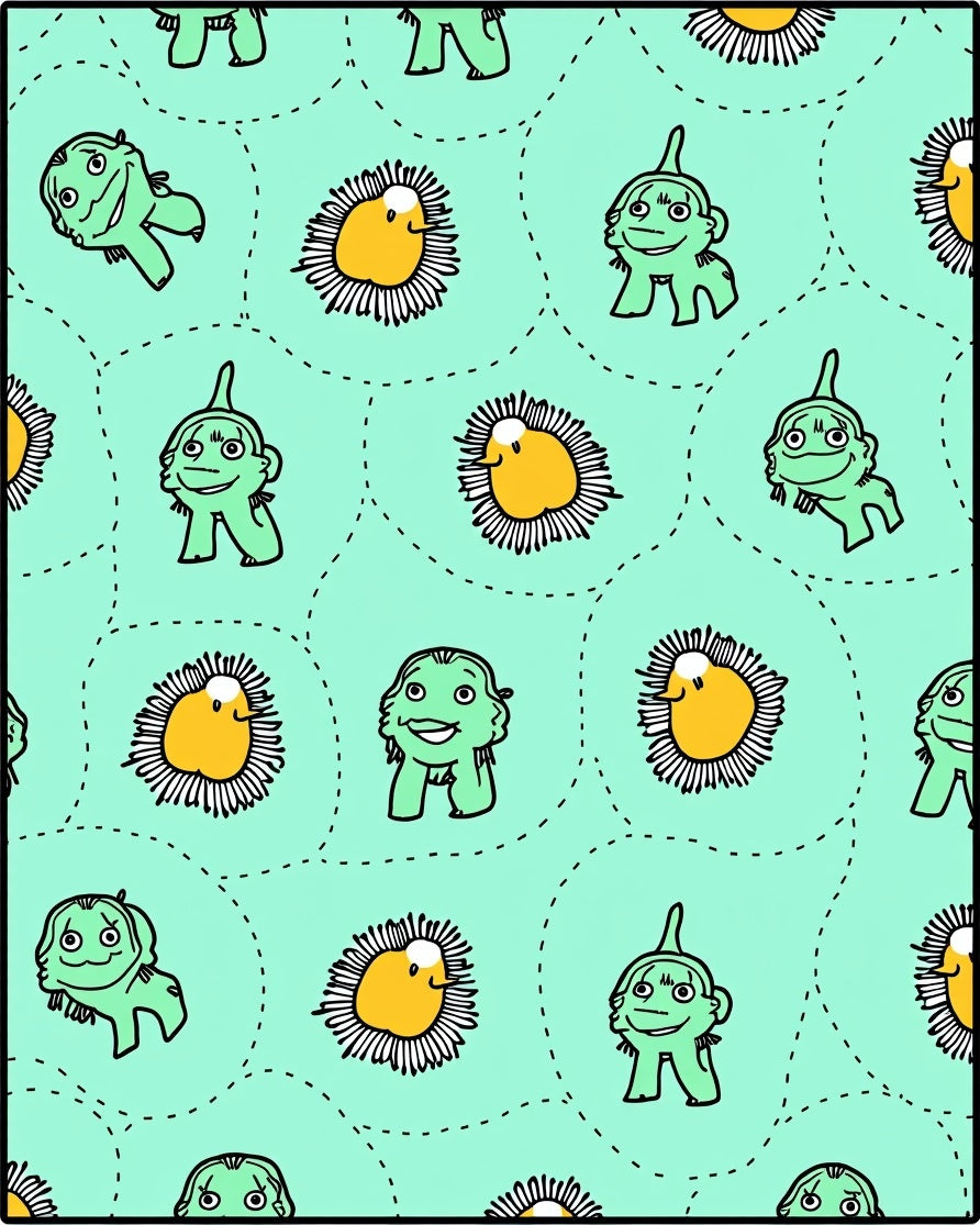 Whimsical Green Creatures Yellow Blooms Rug