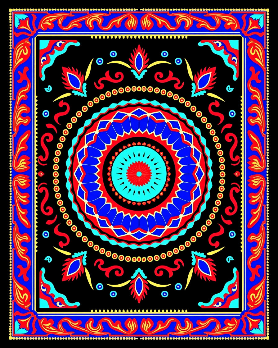 Vibrant Red Blue Medallion Floral Border Rug