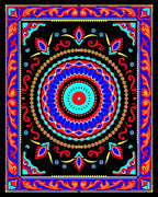 Vibrant Red Blue Medallion Floral Border Rug