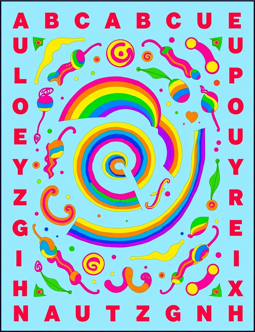 Psychedelic Rainbow Alphabet Swirl Rug