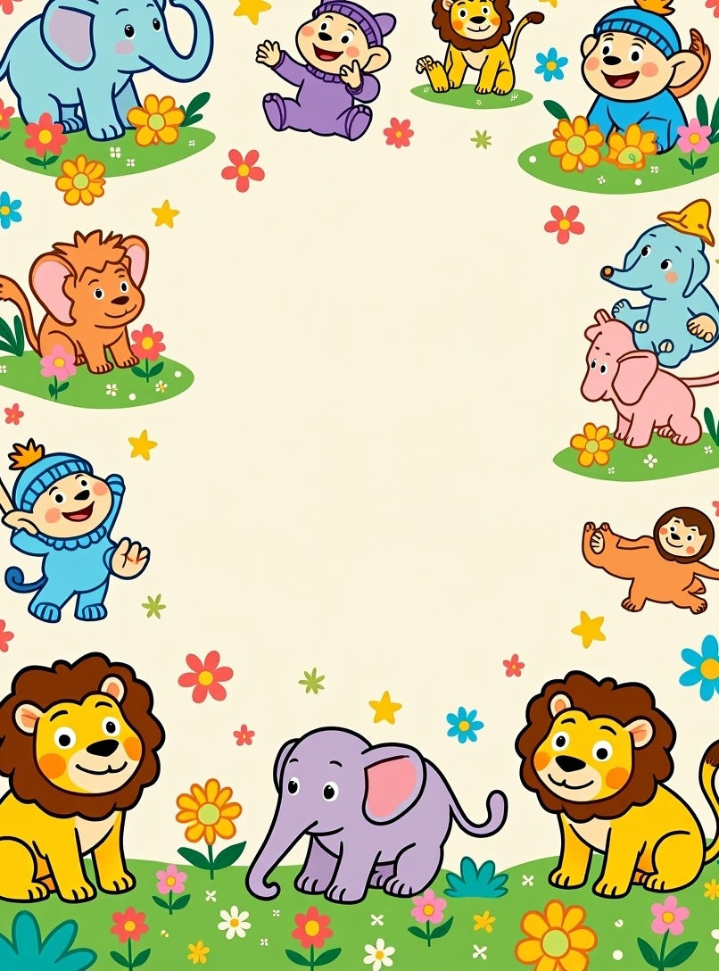 Playful Animals and Flowers Border Rug