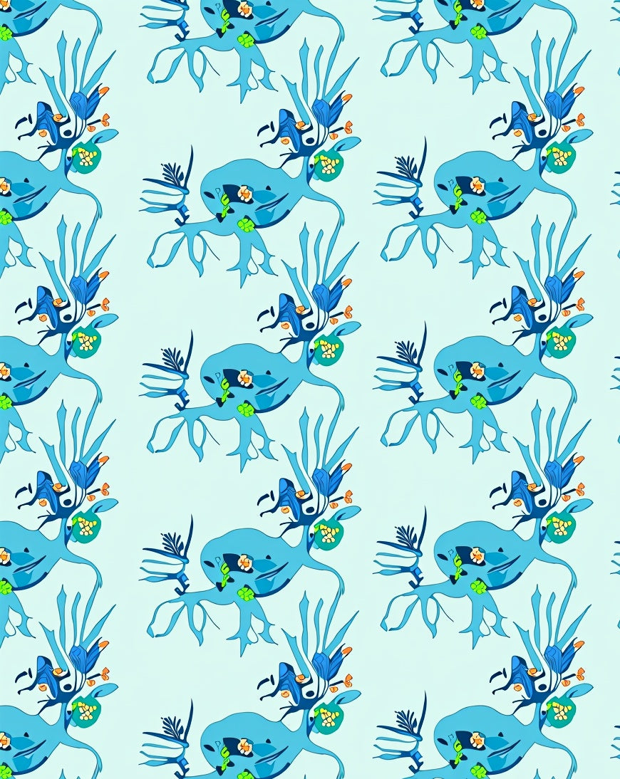 Abstract Blue Creature Floral Border Rug