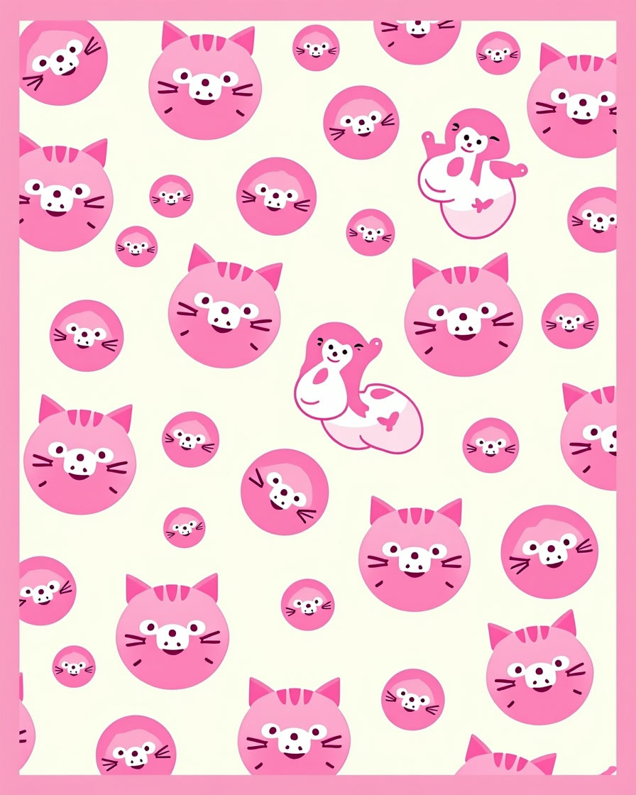 Pink Cat Face Circle Collage Rug