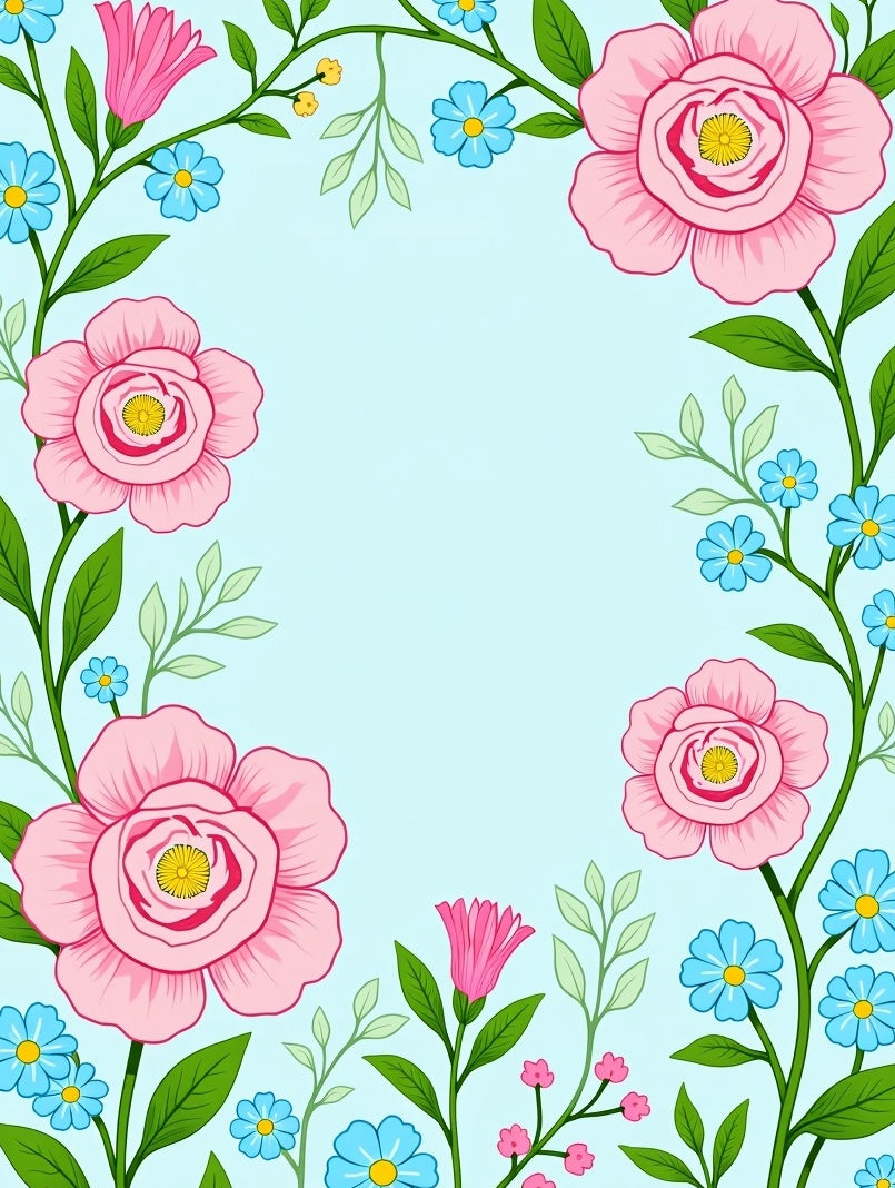 Pink Blue Flower Vine Border Rug