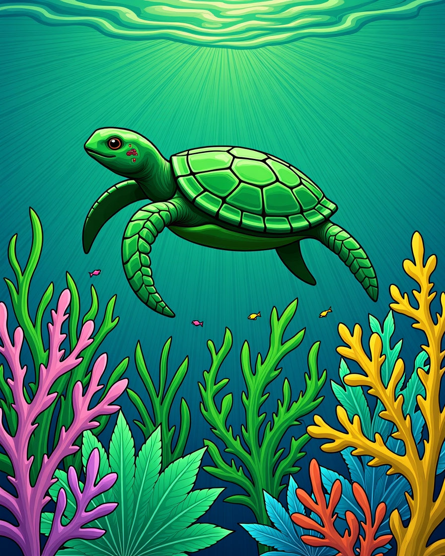 Vibrant Green Sea Turtle Coral Scene Rug