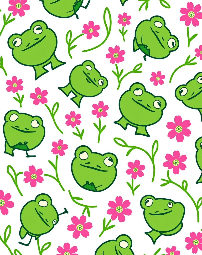 Playful Green Frogs Pink Flowers Rug