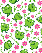 Playful Green Frogs Pink Flowers Rug