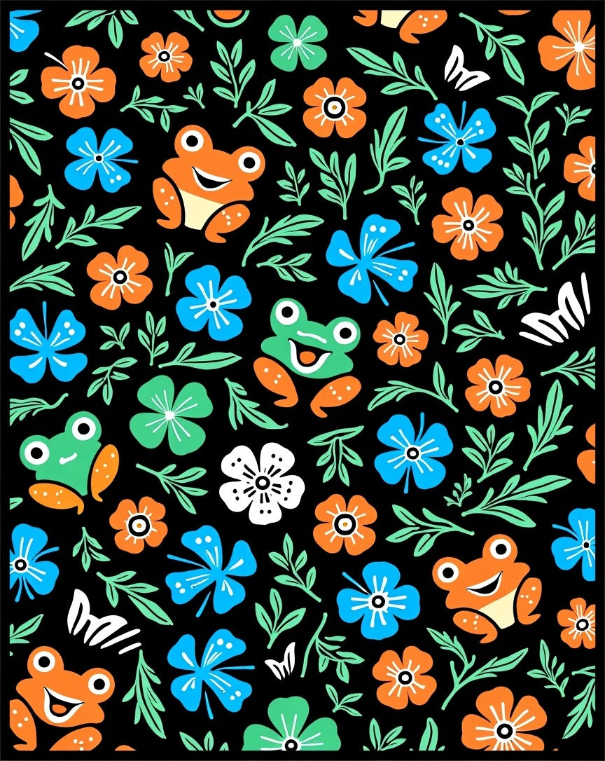 Playful Frogs and Flowers Black Background Rug