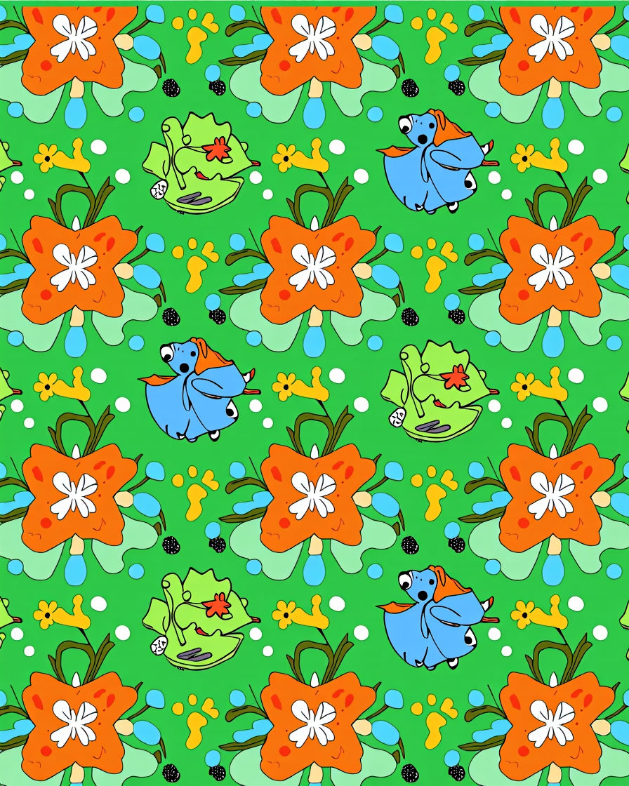 Whimsical Blue Dog Orange Flower Meadow Rug