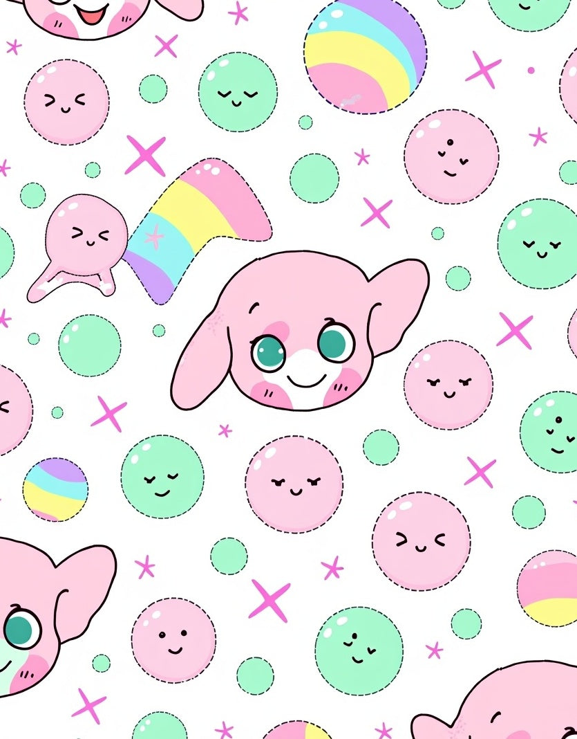 Cute Pink Kawaii Character Rainbow Bubbles Rug