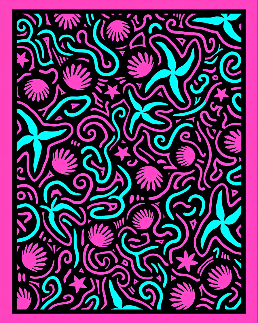 Vibrant Pink Cyan Seashell Starfish Swirls Rug