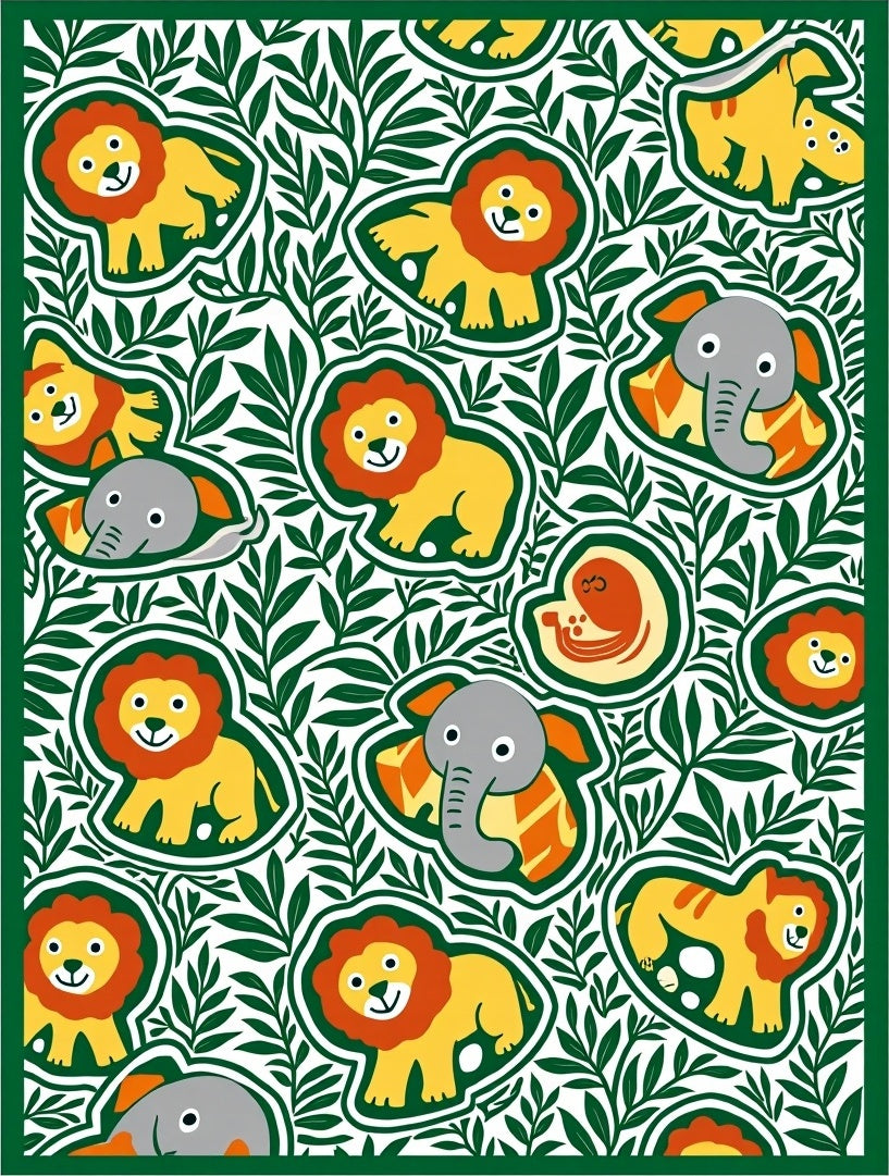Playful Yellow Lions Green Jungle Animals Rug