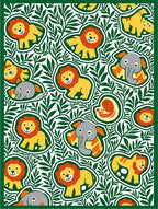 Playful Yellow Lions Green Jungle Animals Rug