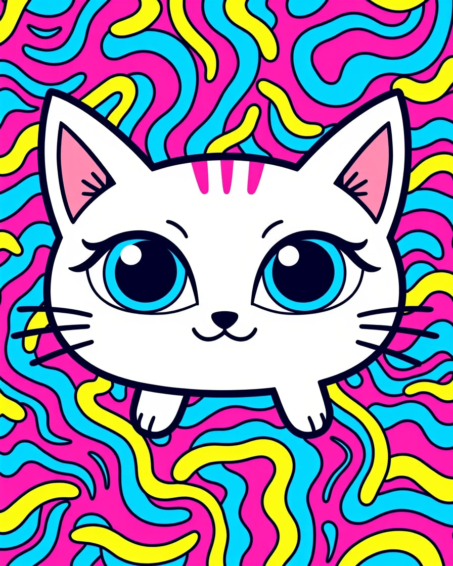 Playful White Cat Blue Eyes Trippy Swirls Rug