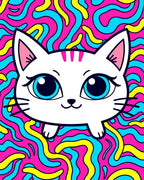 Playful White Cat Blue Eyes Trippy Swirls Rug