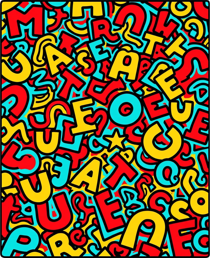 Bustling Red Yellow Turquoise Alphabet Chaos Rug