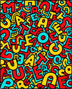 Bustling Red Yellow Turquoise Alphabet Chaos Rug