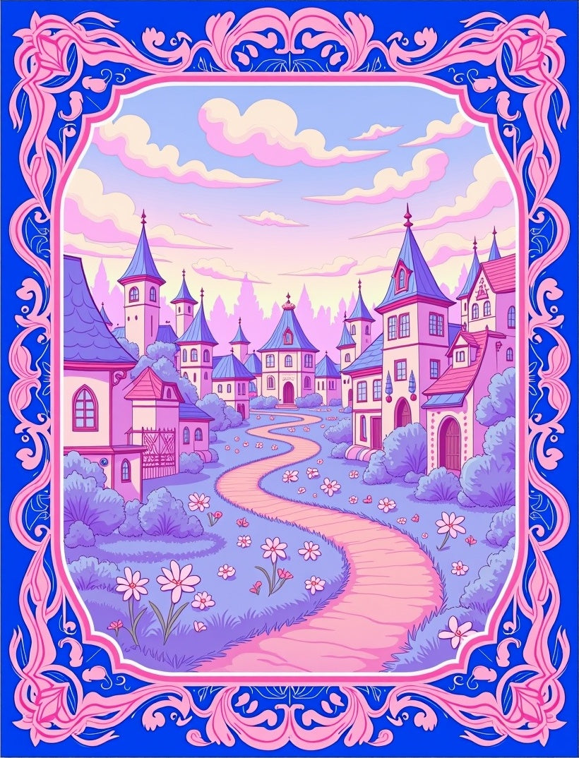 Whimsical Pink Castle Town Pathway Rug