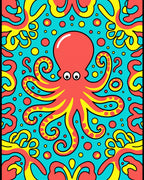 Coral Octopus With Yellow Tentacle Swirls Rug